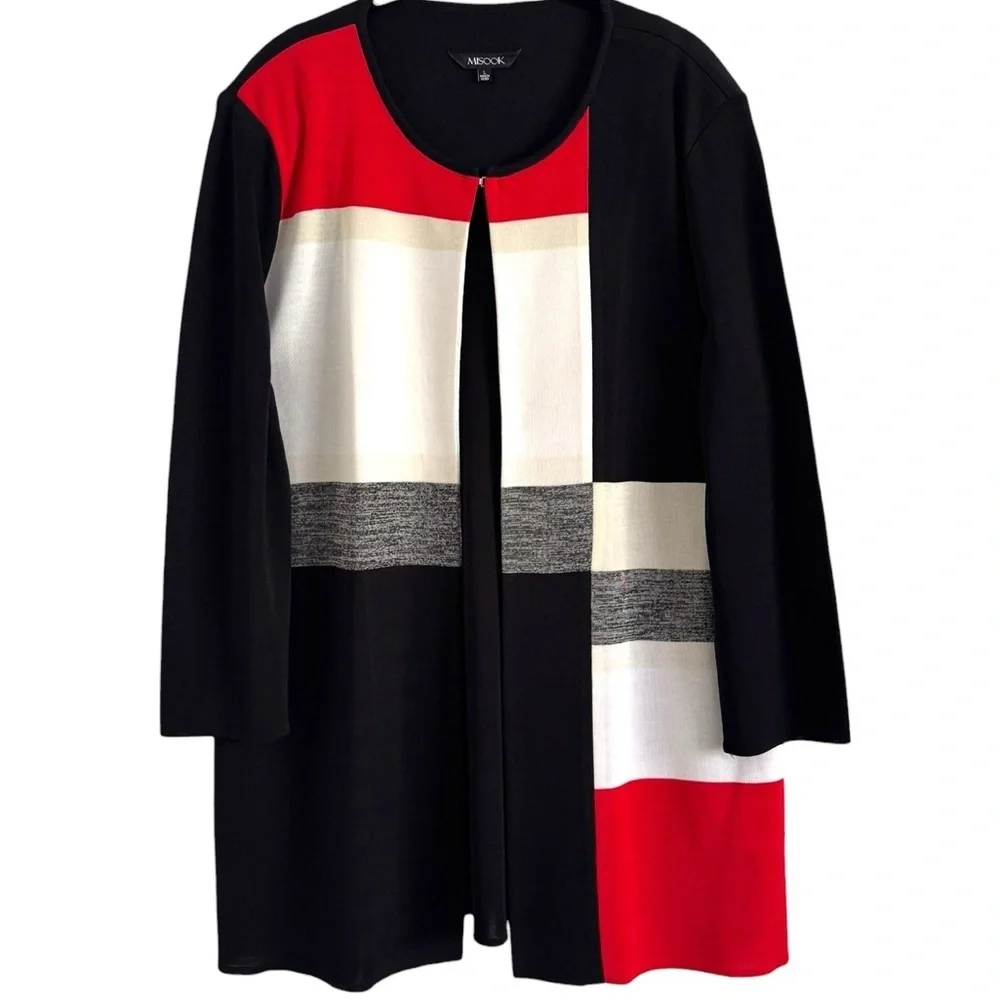 MISOOK Colorblock Open Front Knit Jacket Blazer Black Red White SZ L